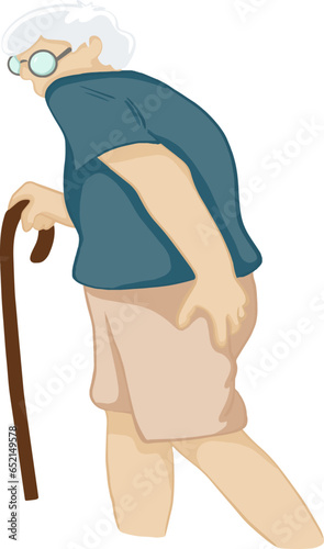 Cartoon drawing of an old man with bone pain from his back to his hips, old age disease, herniated discs, osteoporosis.vector illustration