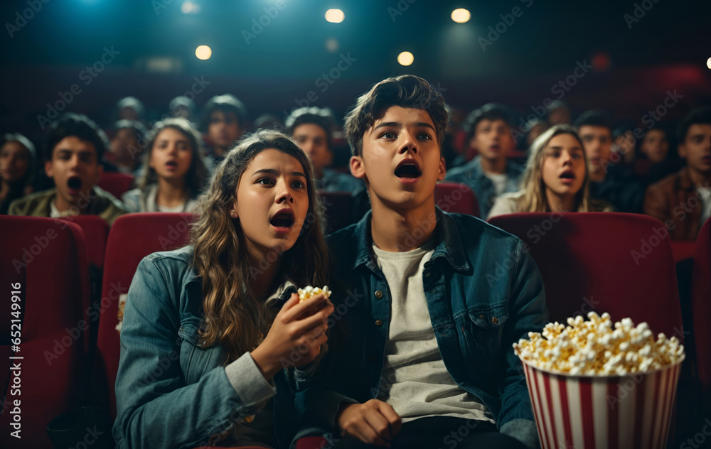 young scared teenagers couple at the cinema watching and eat popcorns, generative ai