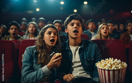 young scared teenagers couple at the cinema watching and eat popcorns, generative ai