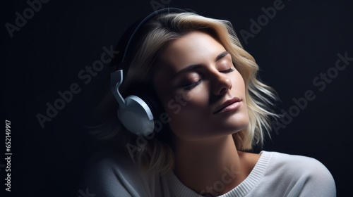 Portrait on a dark background of a beautiful young woman listening to music on headphones with her eyes closed.