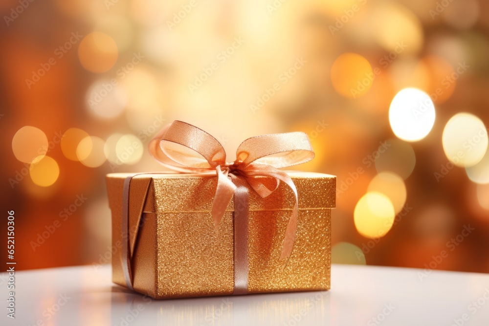 Golden Christmas gift box with ribbon and shining lights in background