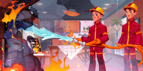 Fire smoke on house kitchen and firefighter vector concept. Danger flame at home in cooking room. Smoky heat emergency accident and brave man team rescue apartment with water in hose from disaster.