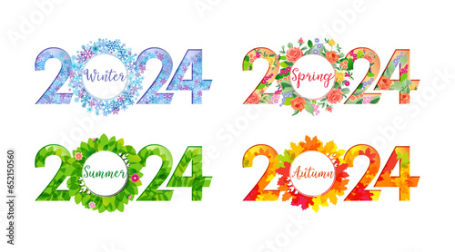 Set of creative number logos 2024. Happy New Year 2024 or happy winter, spring, summer and autumn seasons. Icon design. Seasonal decorations. Web banner concept. Decorative snowy or floral ideas
