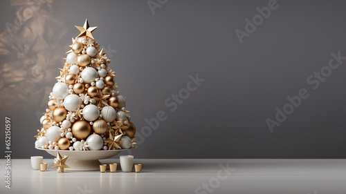 Wunderschöner Weihnachtsbaum aus weiß und gold Weihnachtskugeln im Querformat und Platzhalter, ai generativ photo