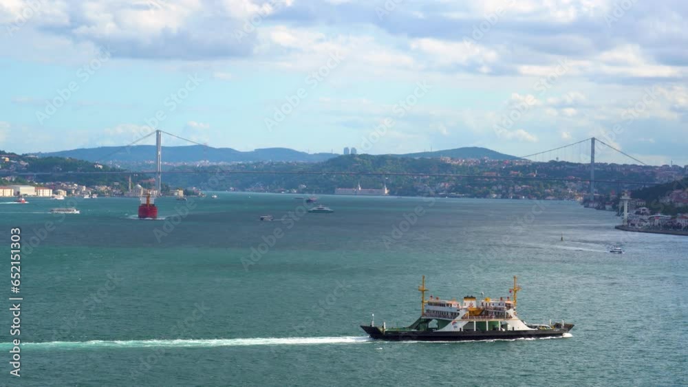 Boats Passing The Bosphorus Strait, Bridge, Istanbul, Turkey, Sunny Day