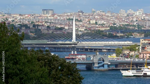 Golden Horn Metro Bridge In Istanbul, Turkey, Ferry Traffic, Cars, City Skyline, Bosphorus photo