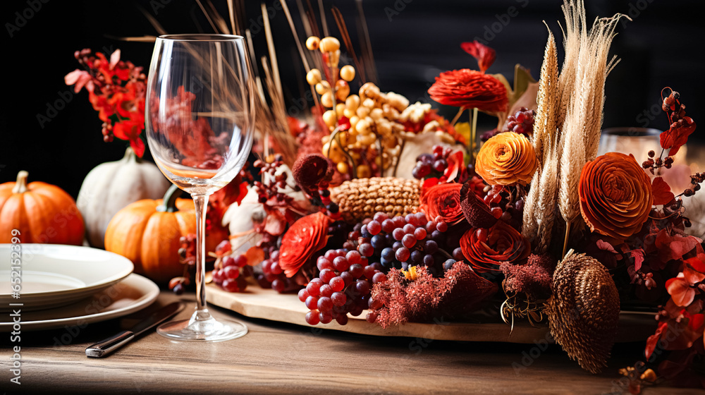 Modern holiday table setting white, plate elegant glasses, vase with orange flowers on wooden table, autumn holidays