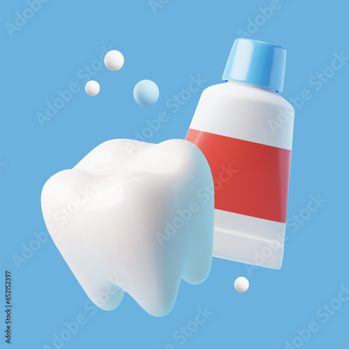 Healthy tooth with tube of toothpaste realistic vector illustration isolated.