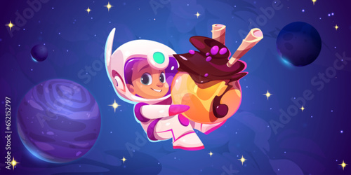 Astronaut kid floating in space with sweet planet in hands. Vector cartoon illustration of cute cosmonaut boy character smiling, wearing spacesuit and helmet, flying in night sky with shimmering stars