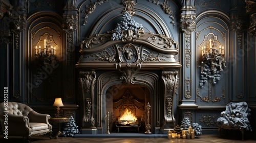 A room with a fireplace and a Christmas tree decorated for the New Year and Christmas holiday © Aliaksandra