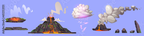 Set of volcanic landscape design elements. Vector cartoon illustration of volcano eruption, lava and steam flowing from mountain cracks, cloud with lightning, prehistoric stones isolated on background
