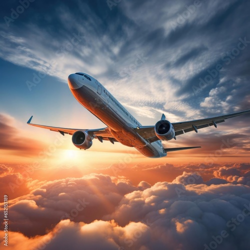 Airplane is flying above the clouds at sunset in summer. Landscape with passenger airplane, beautiful clouds, blue sky. Aircraft is taking off. Business travel. Commercial plane. Aerial view