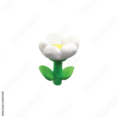 Simple plasticine flower with leaves on stem 3D style, vector illustration