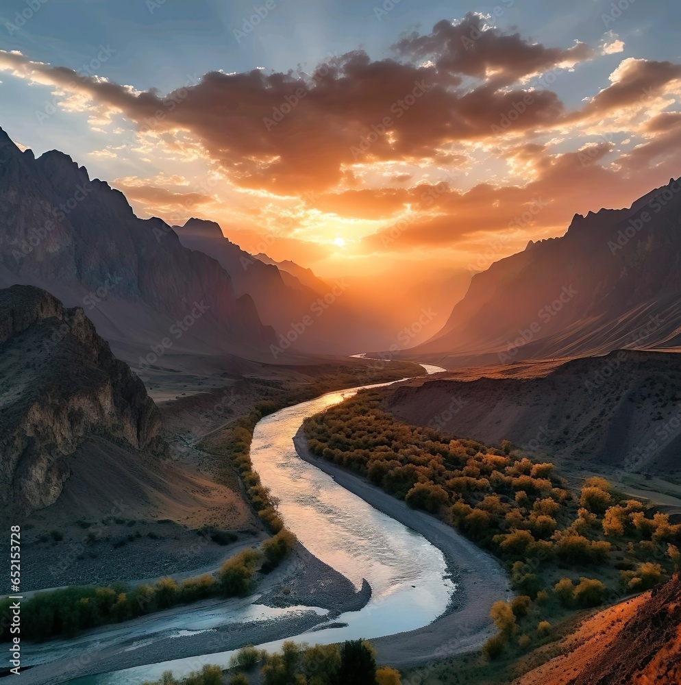 Fototapeta premium View of dry river with mountain and sunset view 