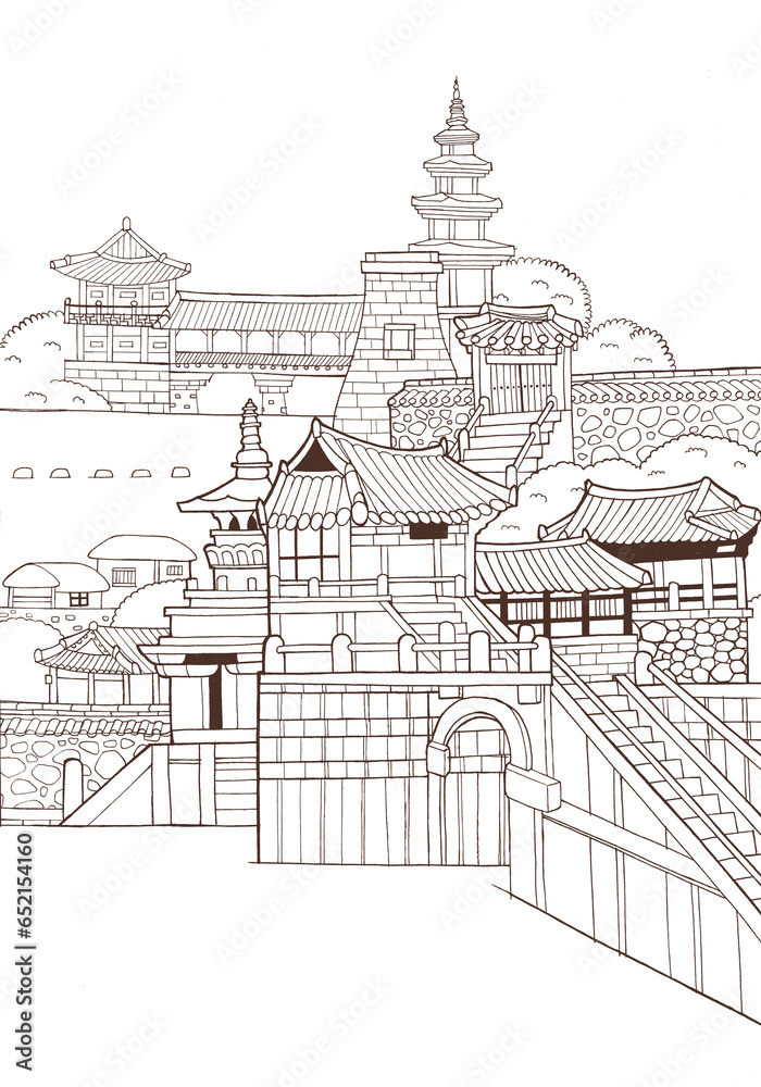 Hand Drawn Illustration Of Korean landscape in the old days