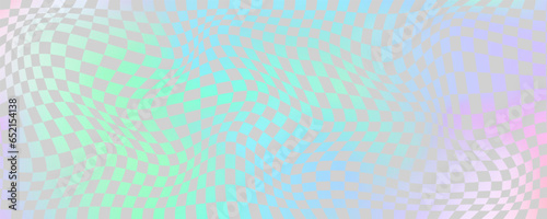 Checkerboard wavy pattern. Abstract holographic chessboard vector print. Y2k psychedelic optical foil grid. Swirl rainbow geometric retro design