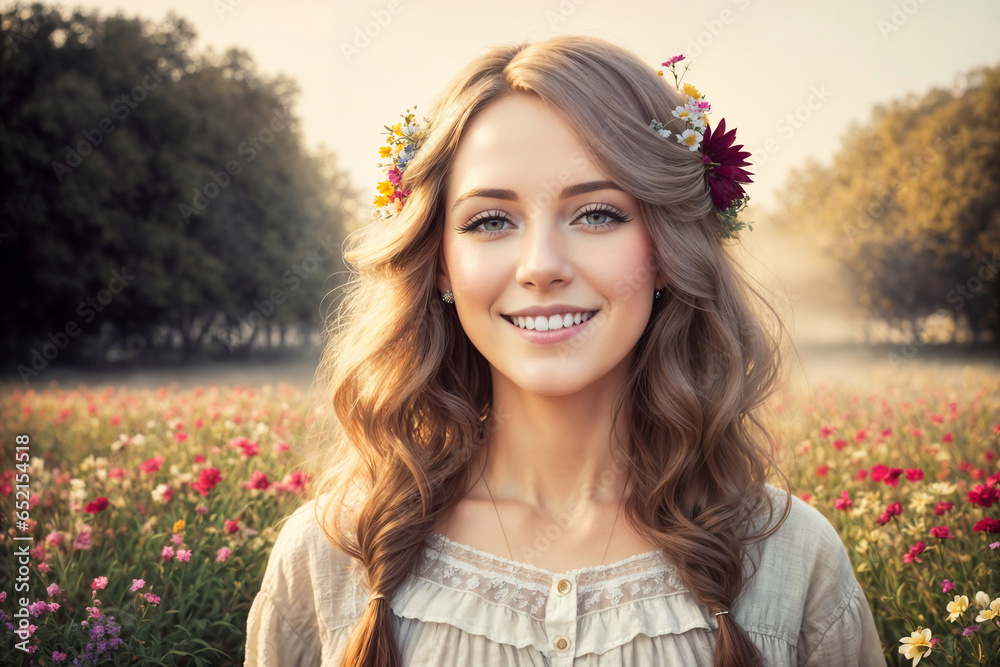 portrait of a beautiful girl posing in nature, a bright sunny day in ...
