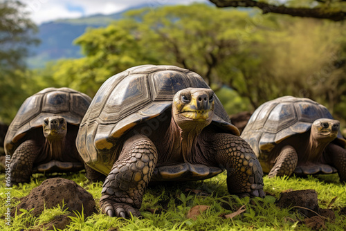 Group of Galapagos Giant Tortoises close up