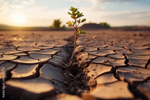lone tree seedling sprouts on parched earth - climate change concept (Generative AI)