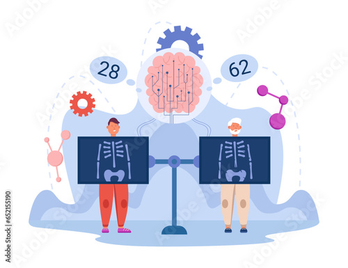 Age estimation of people with help of AI vector illustration. Cartoon drawing of young and elderly men with X-rays chowing chest and age. Medicine, healthcare, ageing, artificial intelligence concept