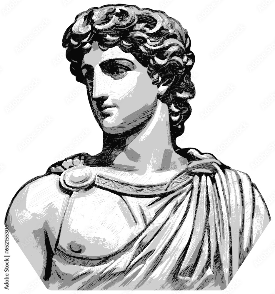 Obraz premium Young greek God Apollo statue vector sticker, monochrome bust
