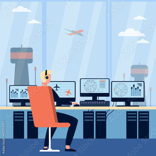 Air traffic control tower worker vector illustration. Man in headphones checking radar screens with plane routes and flight delays, coordinating departure and landing. Aviation, travel concept
