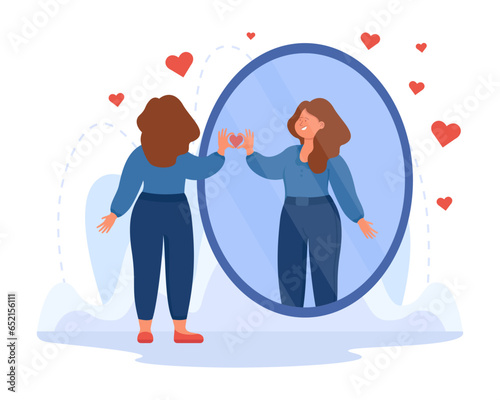 Happy girl folding heart gesture vector illustration. Young woman smiling to mirror reflection, reassuring herself with positive words and affirmations. Self-care, motivation concept