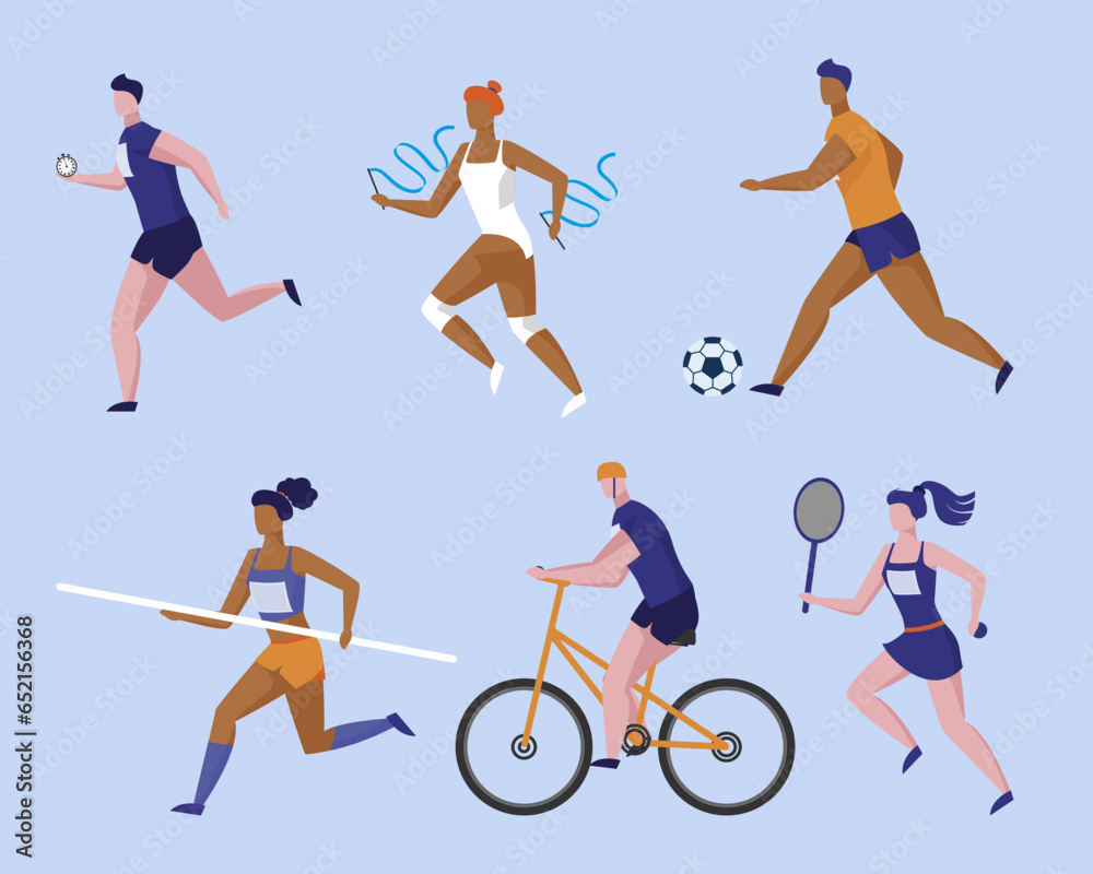 Athletes training for Olympic sports vector illustrations set. Diverse people competing in rhythmic gymnastics, football, cycling, athletics, pole vault. Olympic games, professional sport concept