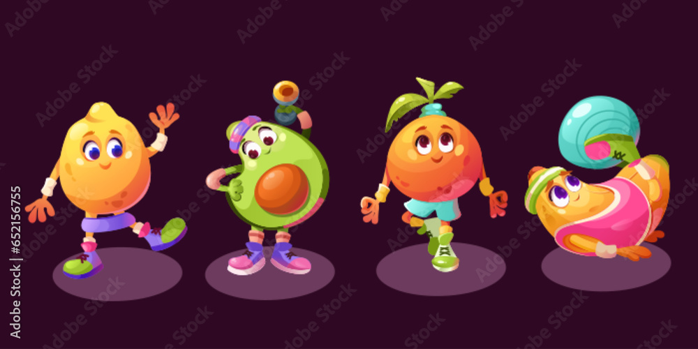 Cute fruit yoga character do gym exercise vector. Funny food set with workout pose for athlete class. Lemon pilates, avocado with dumbbell, orange zen and banana training ball isolated wellness pack Cute fruit yoga character do gym exercise vector. Funny food set with workout pose for athlete class. Lemon pilates, avocado with dumbbell, orange zen and banana training ball isolated wellness pack