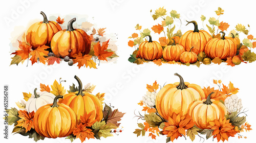 Set of halloween pumpkins with leaves  png white background
