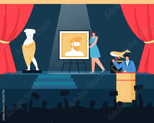 Artwork in auction display on stage vector illustration. Assistant presenting paintings and sculptures, man with gavel announcing price and bidding cards for audience. Auction scene, art concept