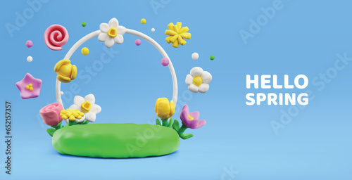 Website banner template with decorative flower frame on lawn about hello spring 3D style