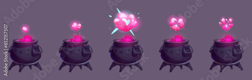 Pink magic witch pot animation cartoon sprite. Heart steam cloud above love potion in cauldron vector illustration. Spritesheet sequence with bubble boiler and mystery hot witchcraft evaporation