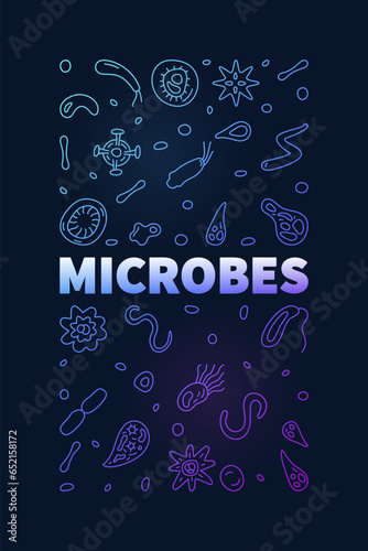 Microbes vector Science concept outline colored vertical banner or illustration with bacteria line symbols