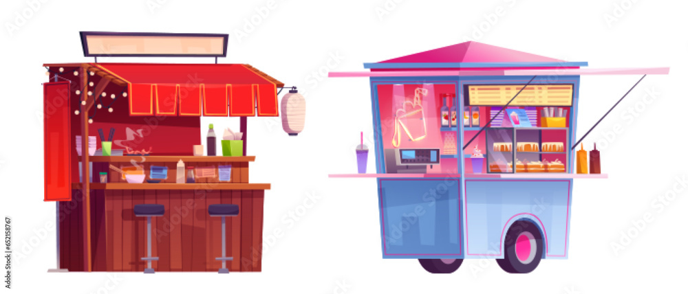 Street food market stall. Vector shop booth stand. Festival marketplace tent vendor with traditional chinese meal, ice cream and juice. Awning counter window set for order hot snack product in park