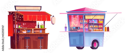 Street food market stall. Vector shop booth stand. Festival marketplace tent vendor with traditional chinese meal, ice cream and juice. Awning counter window set for order hot snack product in park