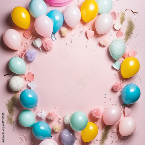 Beautiful happy birthday Background With Balloons, cake  and happy birthday texted on it Generative Ai technology (ID: 652158961)