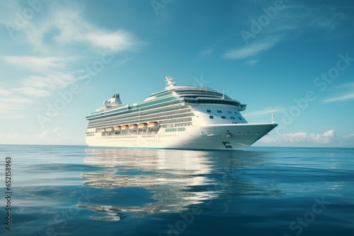 Majestic cruise ship glides gracefully over tranquil azure waters  its silhouette etched against a pastel sunset  promising adventure and luxury  as serenity envelops the vast ocean horizon.  