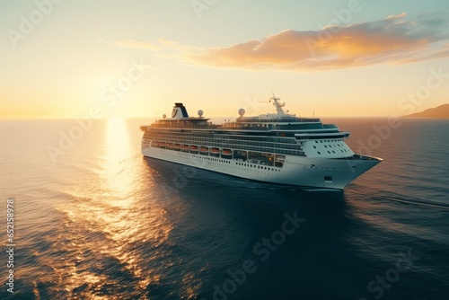 Majestic cruise ship glides gracefully over tranquil azure waters, its silhouette etched against a pastel sunset, promising adventure and luxury, as serenity envelops the vast ocean horizon.