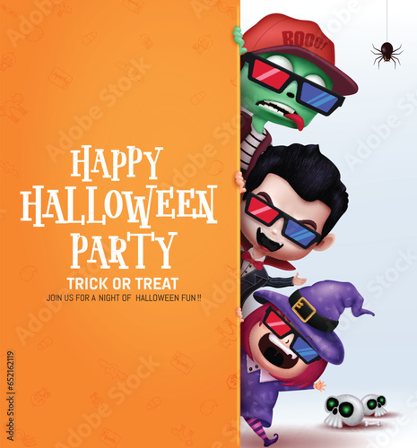 Halloween party text vector template design. Happy halloween invitation card with cute little characters for trick or treat kids costume party celebration. Vector illustration greeting card template 
