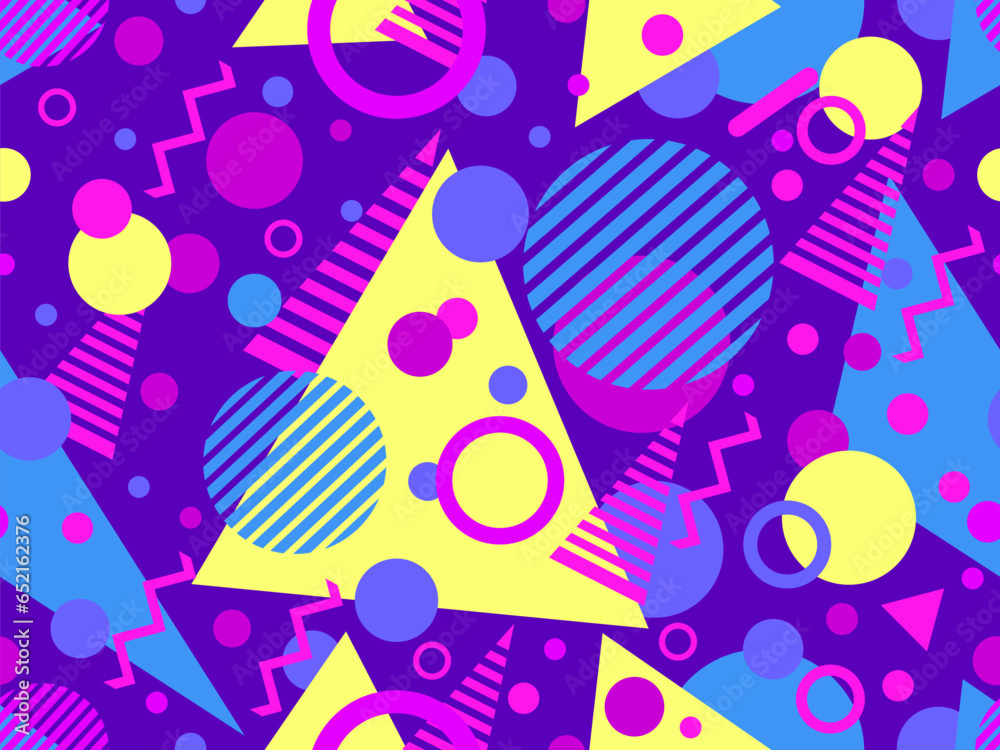 Geometric seamless pattern with memphis elements in 80s style. Colorful geometric pattern. Design of promotional products, wrapping paper and printing. Vector illustration Geometric seamless pattern with memphis elements in 80s style. Colorful geometric pattern. Design of promotional products, wrapping paper and printing. Vector illustration