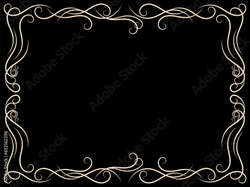 Ornate vintage frame. Swirl ornament on black background. Ornamental curls. Vintage linear border with curlicues. Design a template for invitations, leaflets and greeting cards. Vector illustration