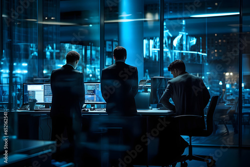 Three men in suits working at computer monitors in a spacious modern office with glass and steel architecture, illuminated by blue tech lighting.