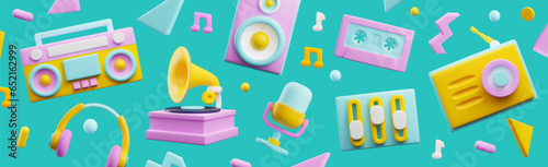 Retro music banner backdrop with 3D recorders and players render illustration.