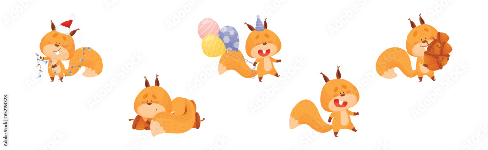 Obraz premium Cute Squirrel Character with Bushy Tail Engaged in Different Activity Vector Set