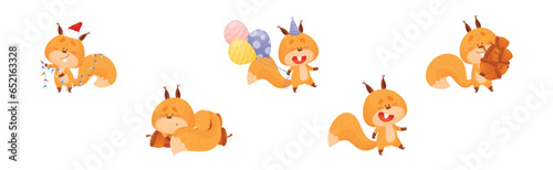 Cute Squirrel Character with Bushy Tail Engaged in Different Activity Vector Set