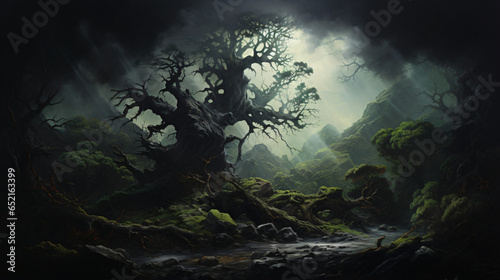 Dark forest landscape with old tree © Hassan