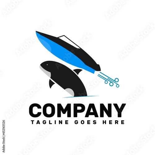 a logo template for boat business in which a boat and whale both are jumping at same time into the ocean 