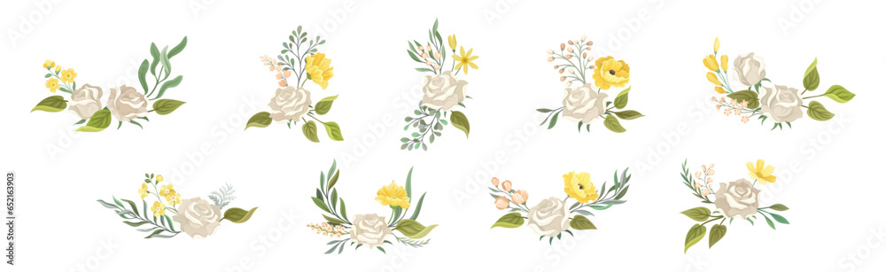 White Rose Bud and Blooming Twig Floral Composition Vector Set White Rose Bud and Blooming Twig Floral Composition Vector Set