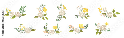White Rose Bud and Blooming Twig Floral Composition Vector Set